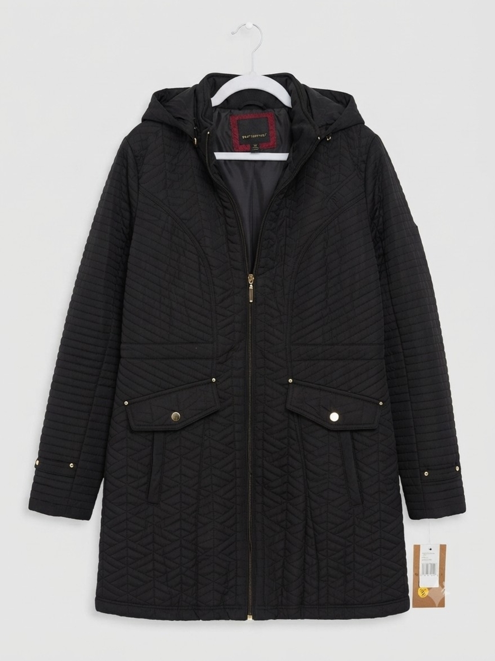 96-NWT-Black Quilted Hooded Puffer Coat with Snap-Flap Pockets, Faux Suede Trim